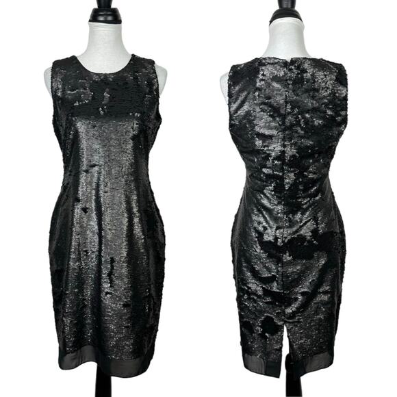 Calvin Klein | Black Sequin Sleeveless Knee Length Sheath Cocktail Dress - Picture 2 of 11